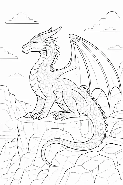 A detailed dragon nesting cliffs coloring page featuring a realistic dragon resting on high mountain peaks.