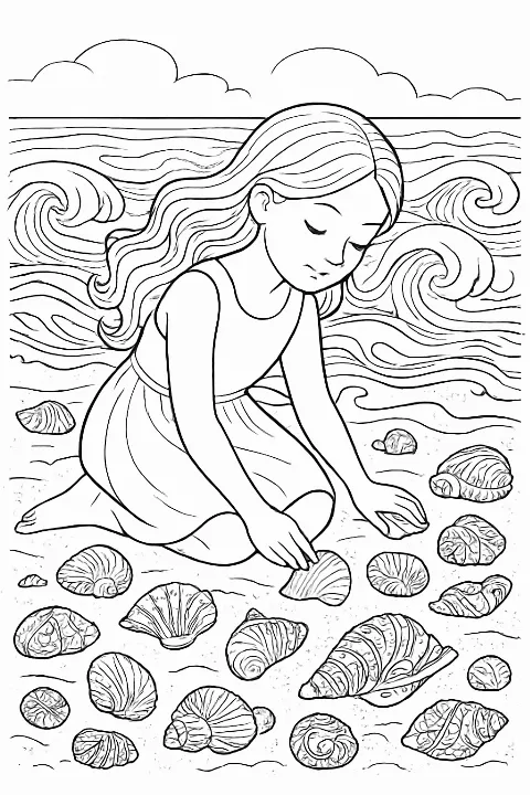 A girl collecting seashells coloring page featuring detailed ocean motifs and intricate sand patterns.