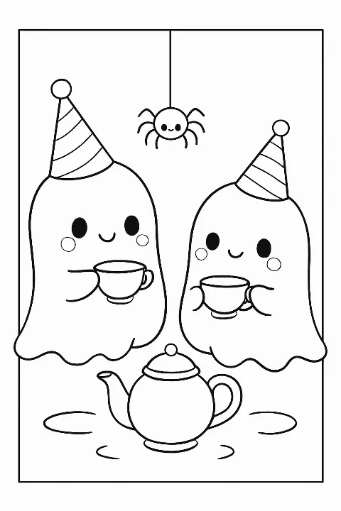 Two cute ghosts having a tea party in this detailed ghostly tea party coloring page.