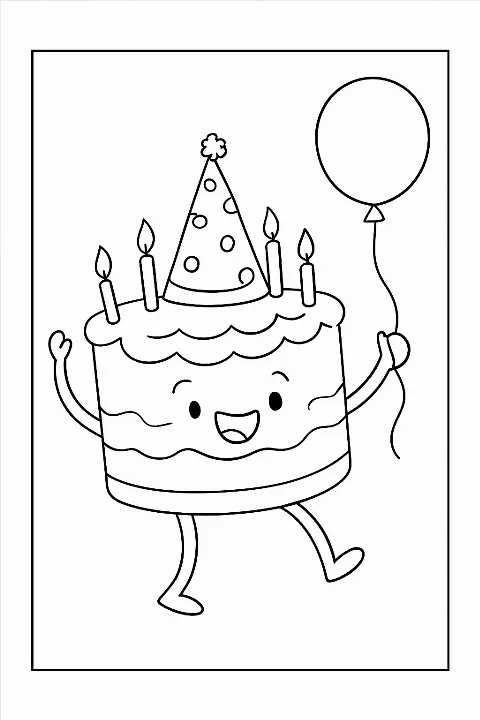A happy birthday cake with a party hat on this fun birthday cake coloring page.