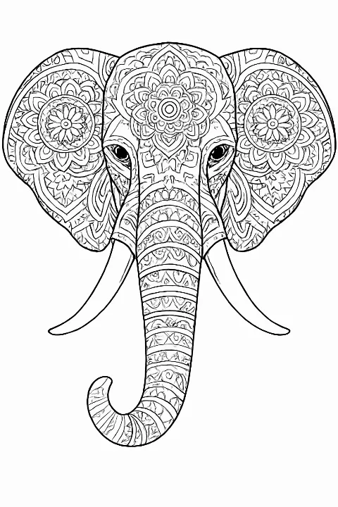 Highly detailed mandala elephant coloring page with intricate patterns on a white background.