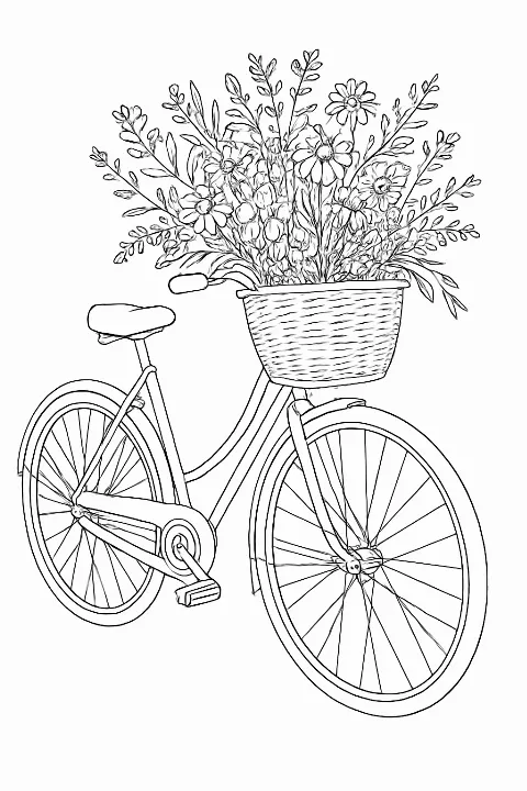 A detailed vintage bicycle coloring page with flowers in a basket and clear outlines for relaxing coloring.