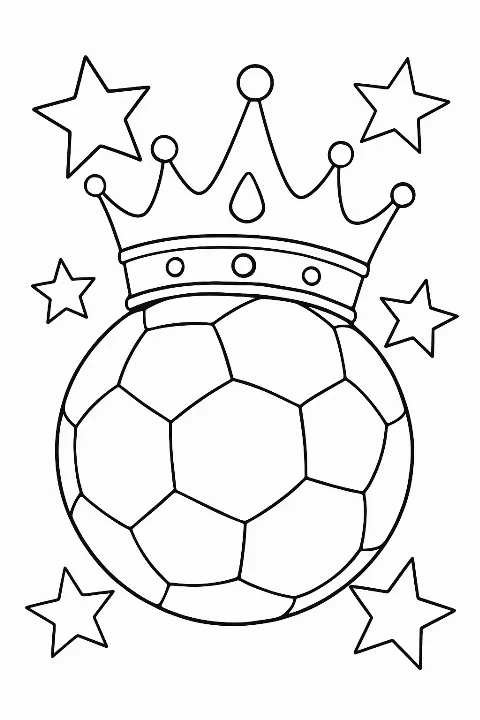 A cute soccer ball wearing a crown on a soccer ball coloring page.
