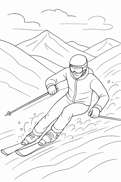 Sophisticated black and white line art of a skier on a mountain for a downhill skiing coloring page.