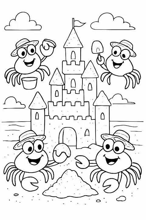 Funny crabs building a sandcastle on a beach animals coloring page.