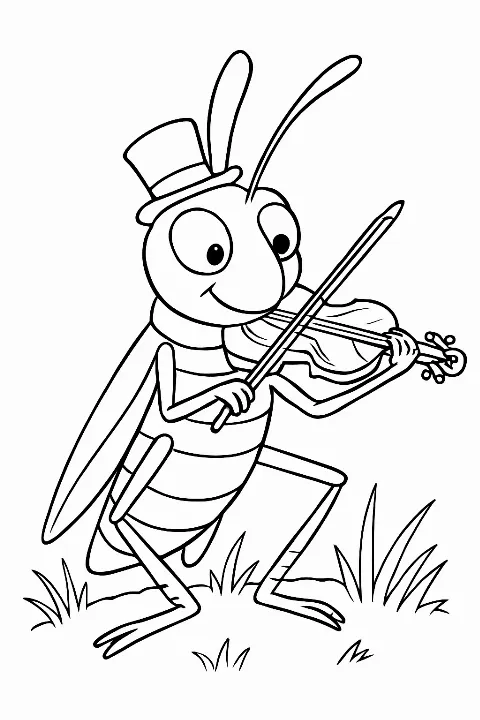 A whimsical grasshopper playing a leaf violin on this fun printable grasshopper coloring page.