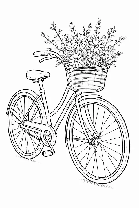A realistic vintage bicycle with a flower-filled basket in a garden, presented as a vintage bicycle coloring page.