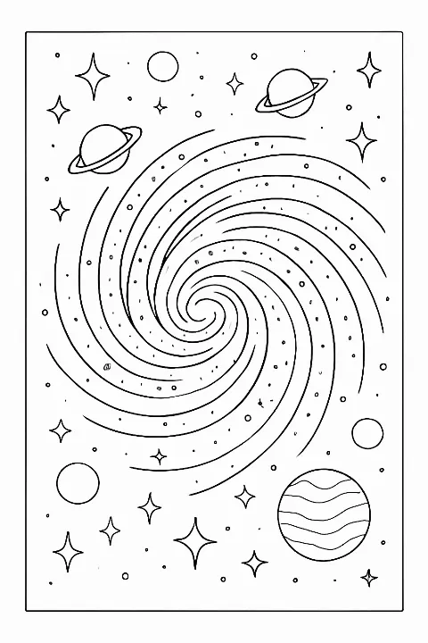 Detailed spiral galaxy coloring page featuring cosmic swirls and distant stars.
