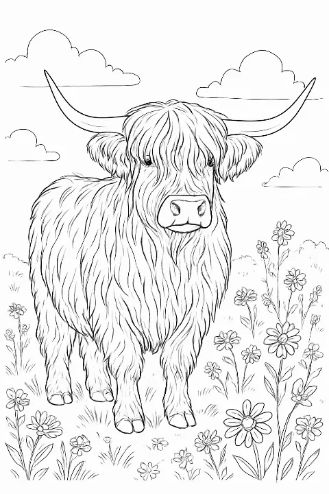 A realistic highland cow coloring page featuring shaggy fur and a peaceful meadow setting.