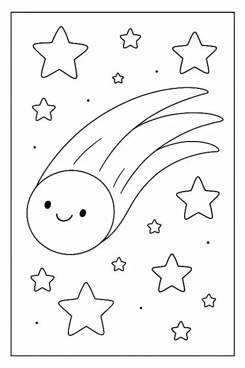 A cute, friendly comet with a flowing tail on this whimsical comet coloring page.
