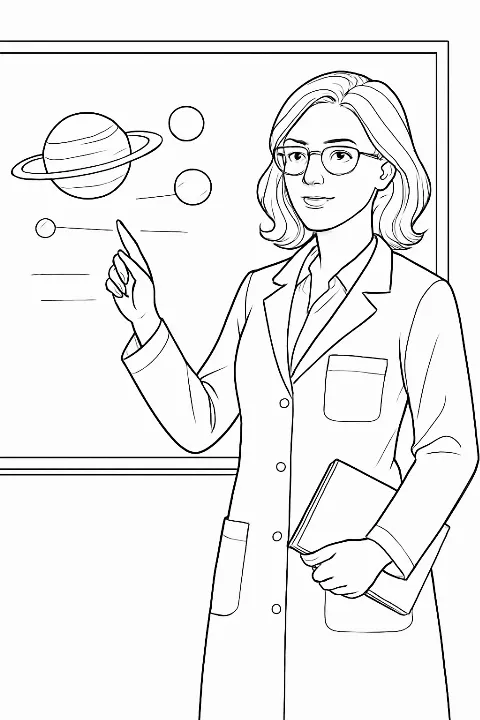 Detailed science teacher coloring page featuring a professor in a laboratory setting.