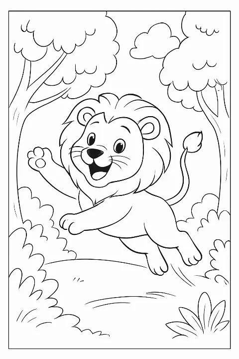 A funny lion jumps through the trees. coloring page