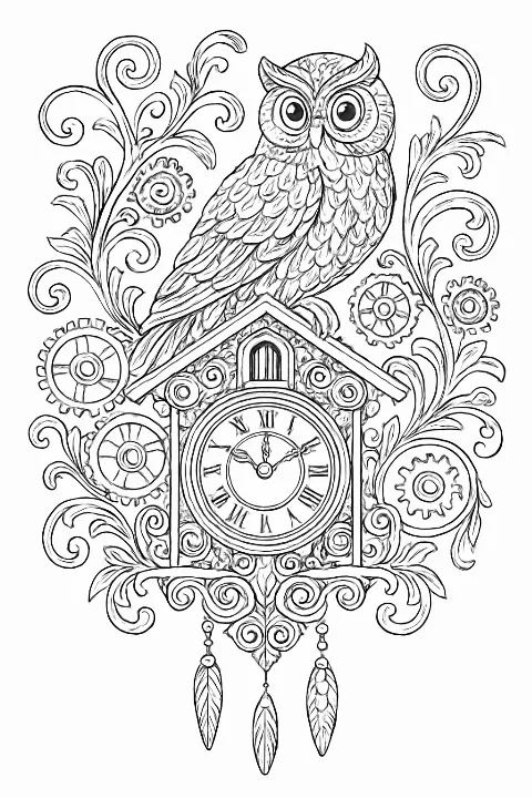 Intricate steampunk owl clock coloring page with detailed gears and floral elements for coloring.