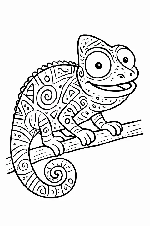 A happy chameleon with artistic tribal skin patterns on a tribal chameleon coloring page.