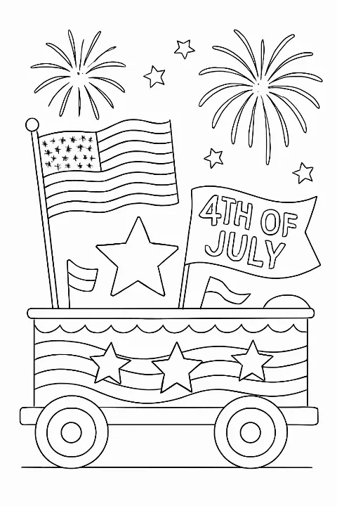 A festive parade float and fireworks featured on a Fourth of July coloring page for kids and adults.