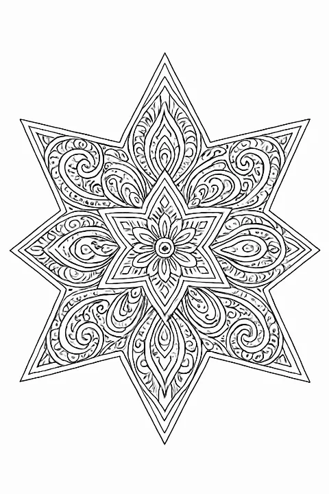 A complex geometric star coloring page filled with intricate mandala patterns and clear outlines.