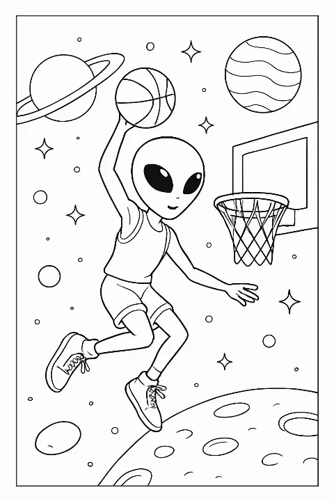 A friendly alien performing a slam dunk on the moon in this fun basketball player coloring page.