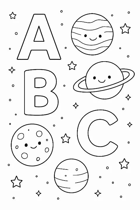 Detailed alphabet space adventure coloring page featuring letters among planets and stars.