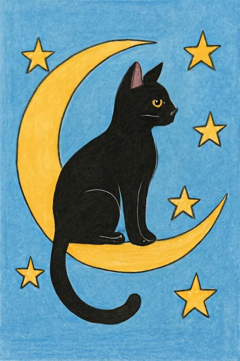 Coloring example - Whimsical Black Cat on the Moon
