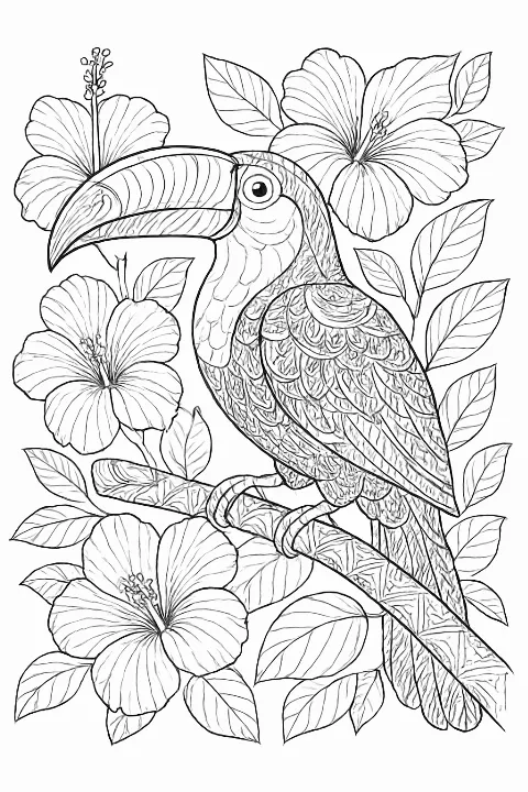 Highly detailed toucan coloring page featuring tropical flowers and patterned rainforest leaves.