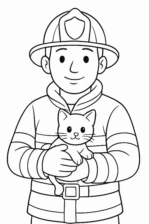 A kind firefighter cradling a small kitten in this detailed firefighter hero coloring page.
