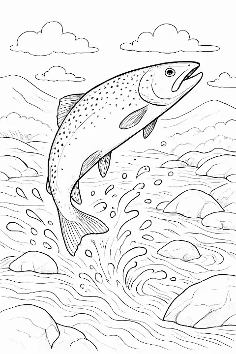 A realistic leaping salmon over a river in this detailed salmon river leap coloring page.