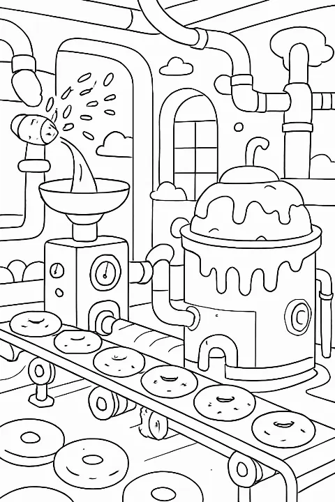 A detailed donut factory coloring page featuring conveyor belts and sprinkle machines with bold outlines.