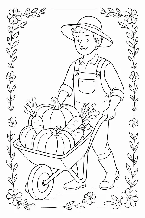 A cheerful market gardener pushing a heavy wheelbarrow of fresh vegetables in a farm setting coloring page.