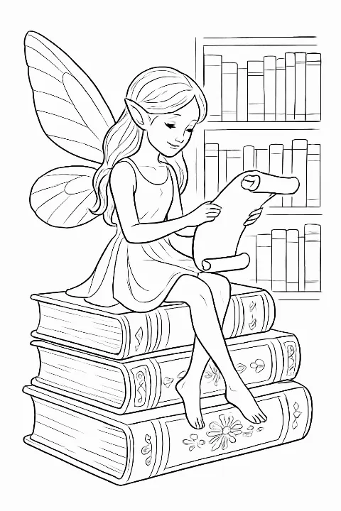 A detailed library fairy coloring page featuring a fairy reading on a stack of ancient books.