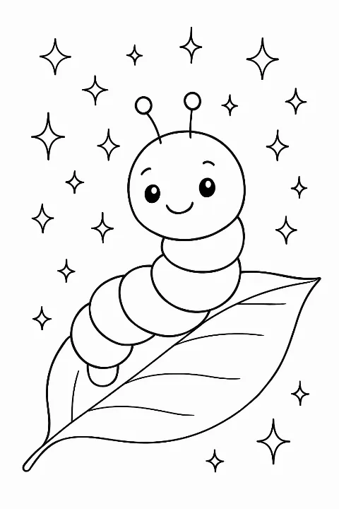A happy glow worm resting on a large leaf in a cute glow worm coloring page.