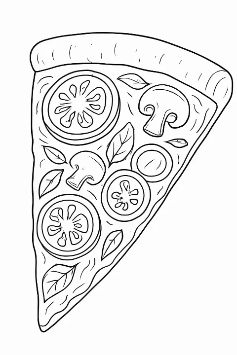A detailed gourmet pizza slice coloring page with intricate toppings and clean outline art.
