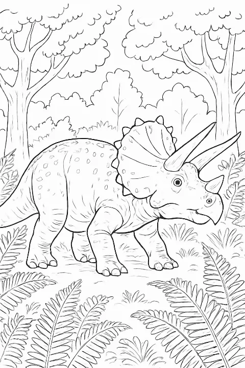 A realistic Triceratops in a lush forest setting for a Triceratops coloring page.