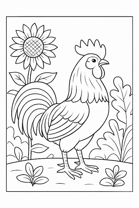 A friendly rooster standing next to a giant sunflower in this beautiful rooster in garden coloring page.