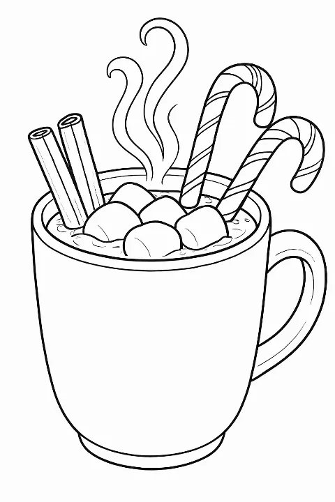 A detailed hot cocoa coloring page featuring a mug with marshmallows and candy canes.