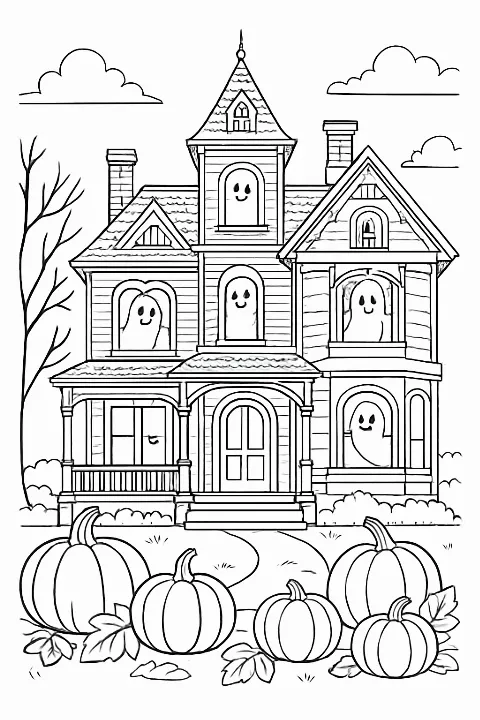 A detailed haunted victorian mansion coloring page with pumpkins and ghosts for kids and adults.