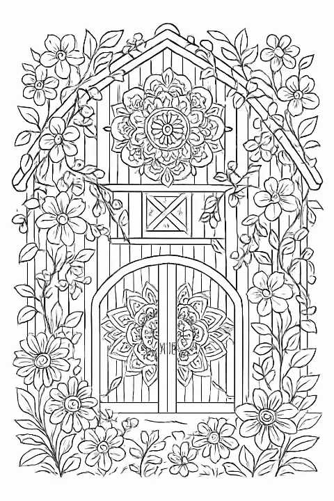 Detailed whimsical barn coloring page featuring intricate floral patterns and garden elements for artistic coloring.