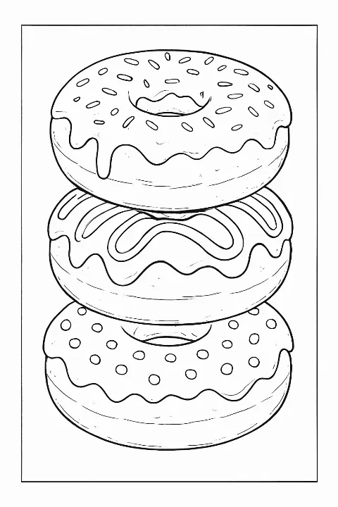 Detailed gourmet donut coloring page featuring stacked frosted donuts with sprinkles and fruit toppings.