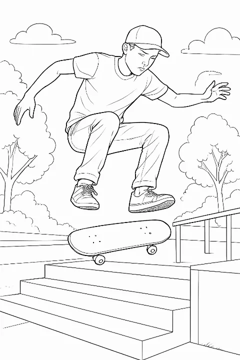 Detailed skateboarding pro trick coloring page featuring a skater mid-air.