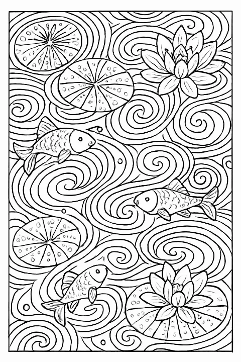 Detailed whimsical river life coloring page featuring patterned lily pads and flowing stream water.