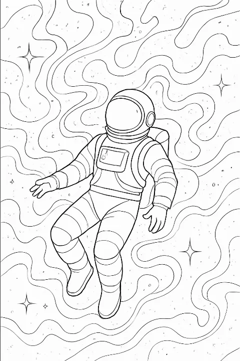 Detailed astronaut floating in a cosmic nebula on an astronaut nebula coloring page.