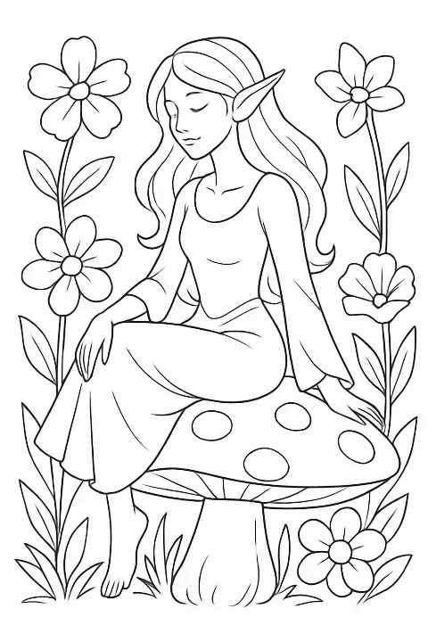 A peaceful fantasy elf sitting on a giant mushroom in a magical forest, featured on a fantasy elf coloring page.