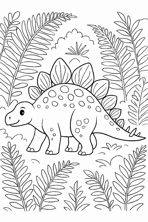 A detailed stegosaurus coloring page featuring a friendly dinosaur surrounded by prehistoric plants.