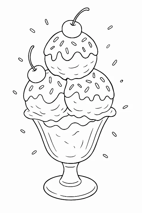 A large triple-scoop ice cream cone on an ice cream coloring page with bold black outlines.