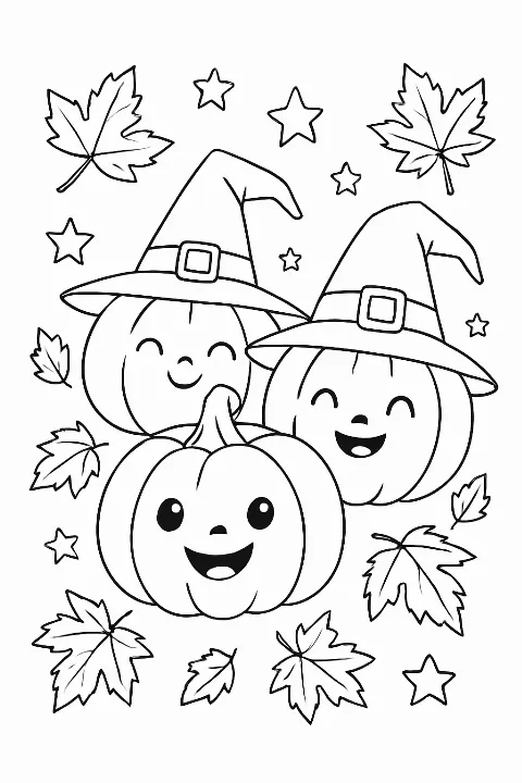 A festive cute pumpkins coloring page featuring pumpkins with witch hats and autumn leaves.