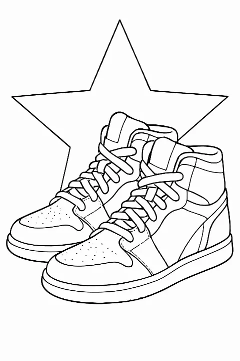 A pair of high-top basketball sneakers with thick outlines on a basketball sneakers coloring page.