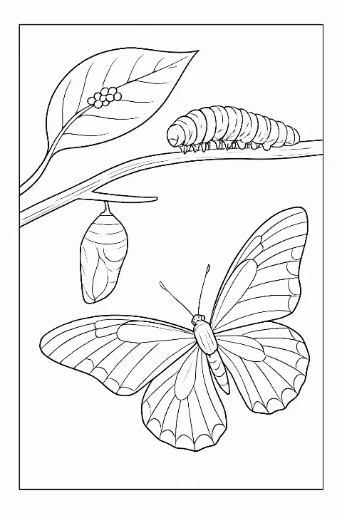 A detailed butterfly lifecycle coloring page featuring a caterpillar and chrysalis on a garden leaf.