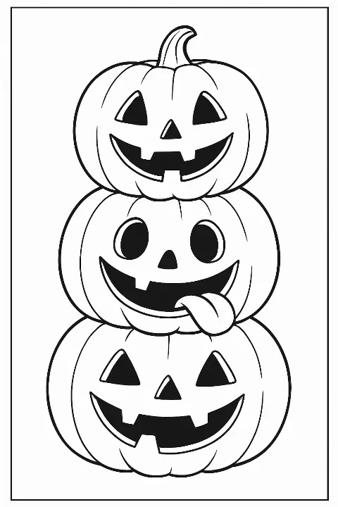 A cute jack o lantern stack coloring page with bold lines and large spaces for kids and adults.