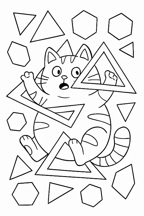 A cute cat tangled in various shapes on a geometric patterns coloring page.