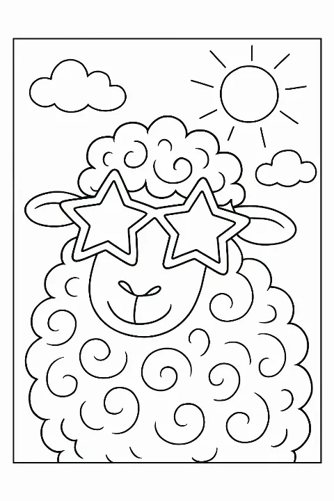 A happy sheep wearing star-shaped sunglasses in this funny sheep coloring page.