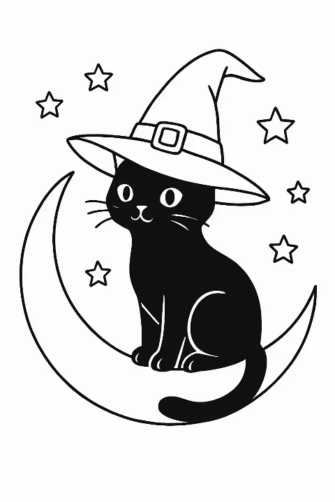 A magical black cat wearing a witch hat on a crescent moon black cat witch coloring page.